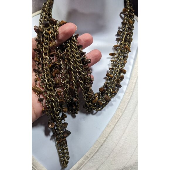 Multilayer Tiger Eye Chip Antiqued Gold Tone Chain Necklace - Picture 3 of 8